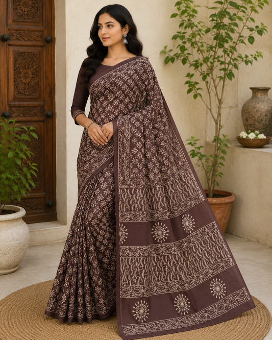 Premium Pure Cotton Mul Bagru Hand Block Print Saree with Blouse Piece