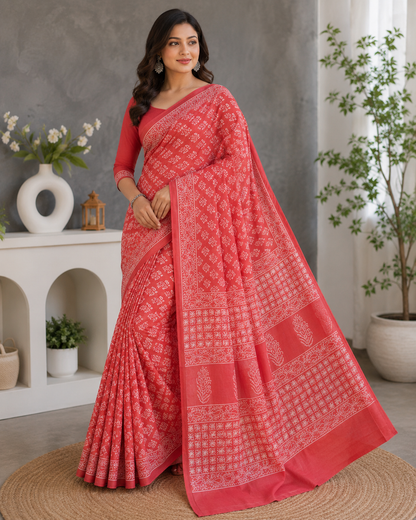 Brown Bagru Hand Block Print Cotton Mul Saree With Blouse Piece