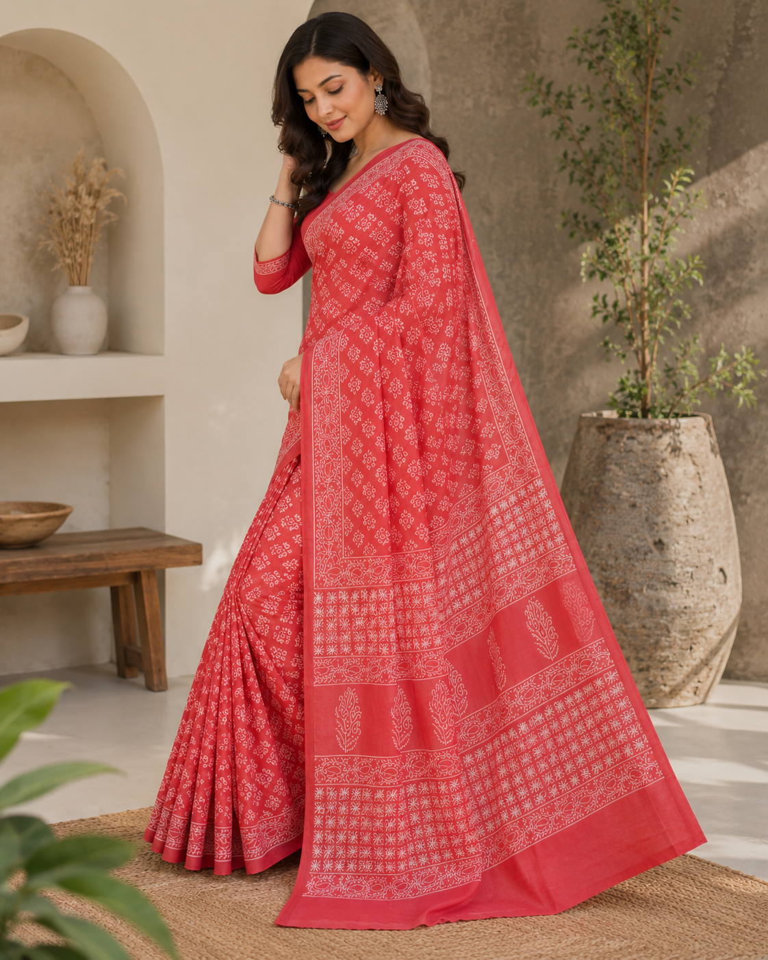 Brown Bagru Hand Block Print Cotton Mul Saree With Blouse Piece