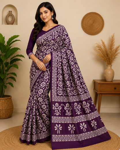 Purple Floral Hand Block Print Cotton Mul Saree With Blouse