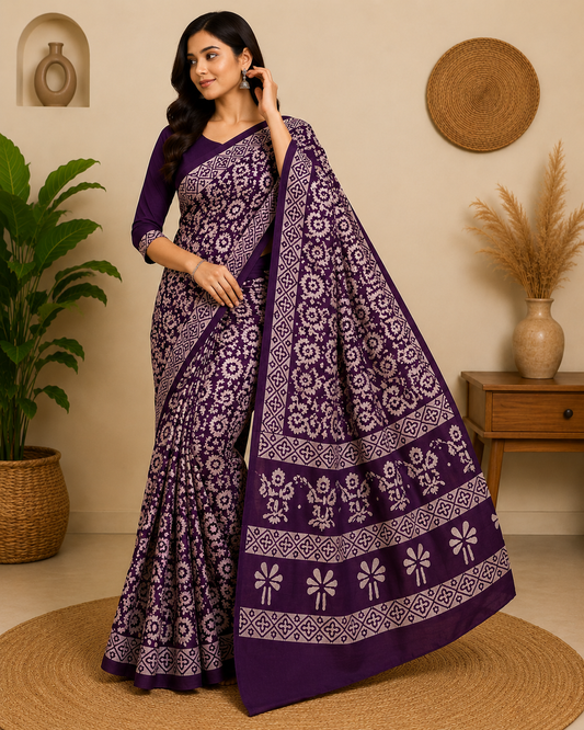 Purple Floral Hand Block Print Cotton Mul Saree With Blouse