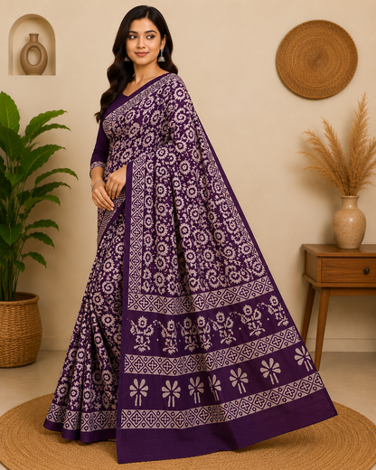 Purple Floral Hand Block Print Cotton Mul Saree With Blouse