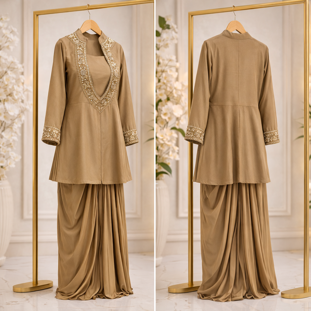 Designer Crape fabric Kurta Pant Set for Women (Brown)