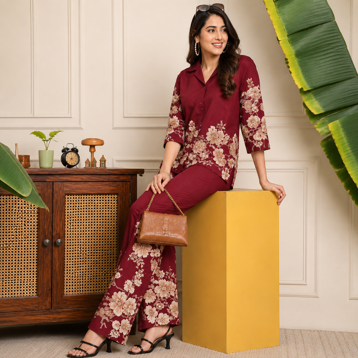 Floral Printed Cotton Collar Co-Ord Set for Women