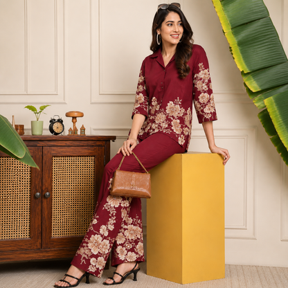 Floral Printed Cotton Collar Co-Ord Set for Women