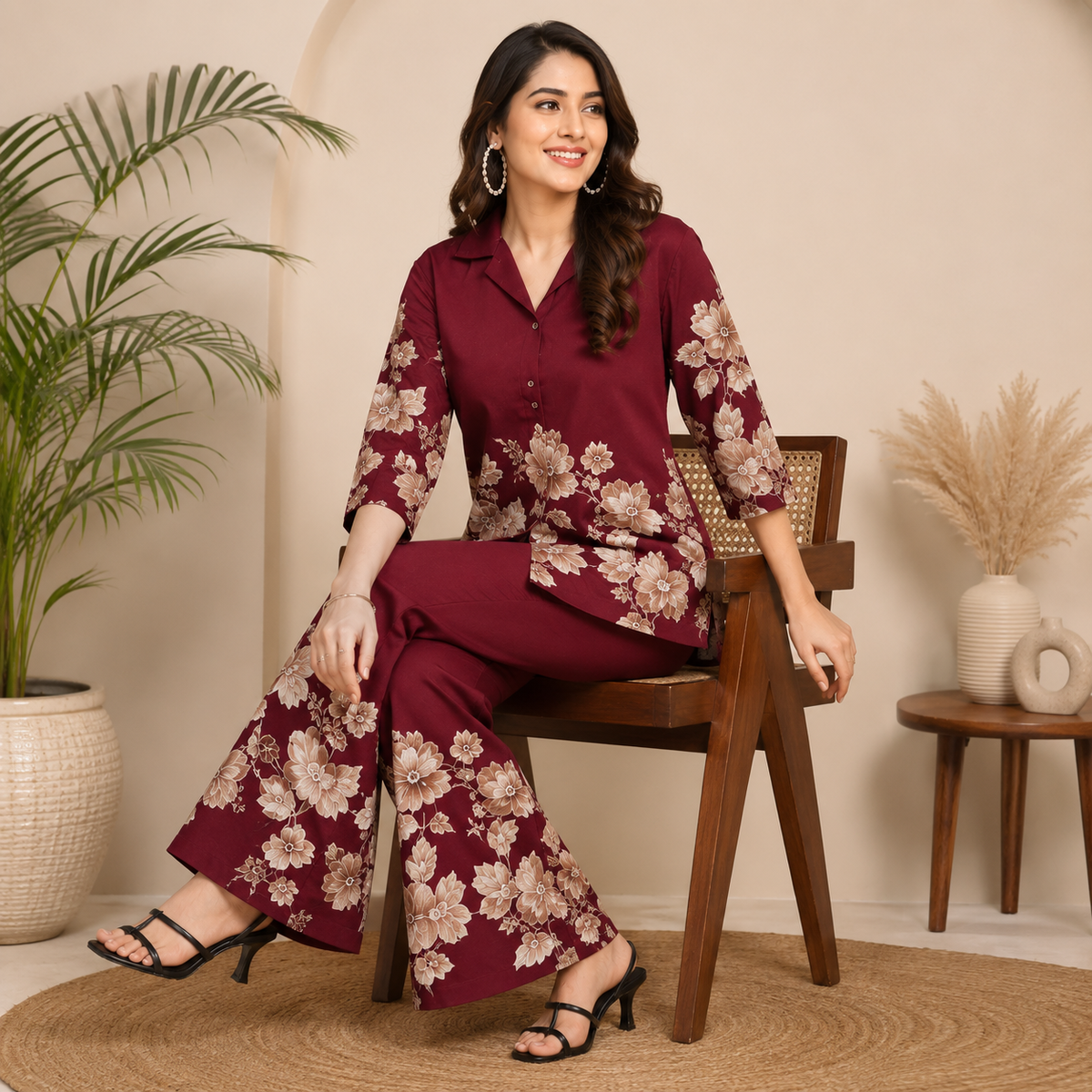 Floral Printed Cotton Collar Co-Ord Set for Women