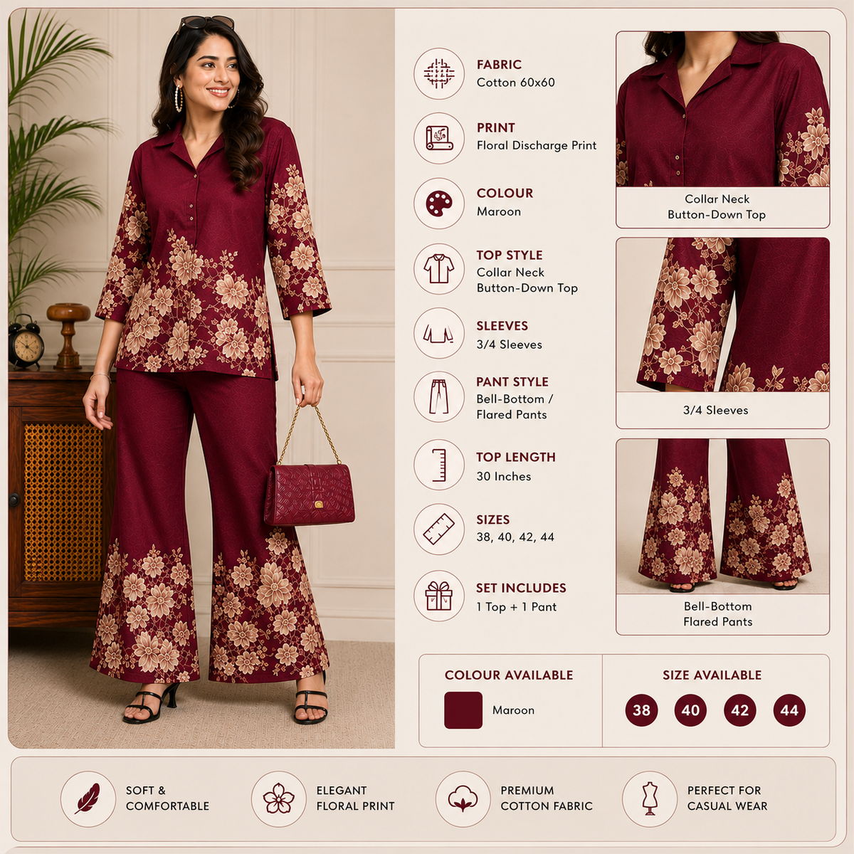 Floral Printed Cotton Collar Co-Ord Set for Women