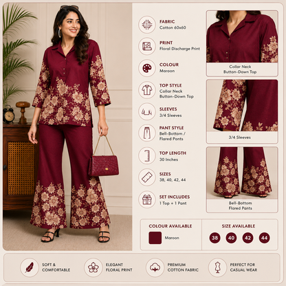 Floral Printed Cotton Collar Co-Ord Set for Women