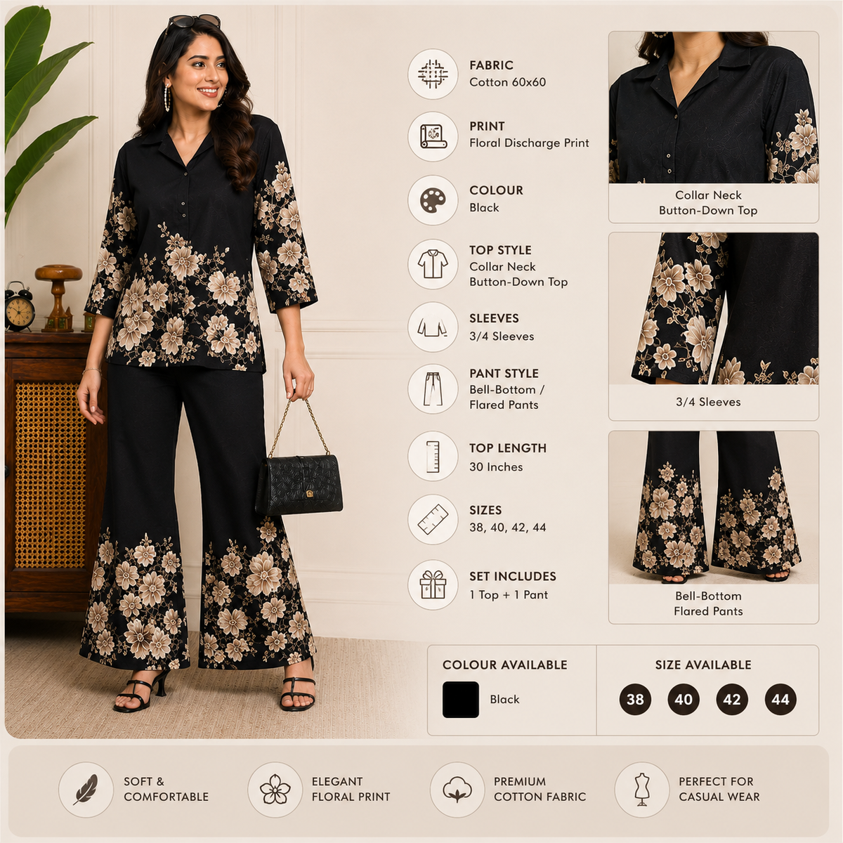 Floral Printed Cotton Collar Co-Ord Set for Women