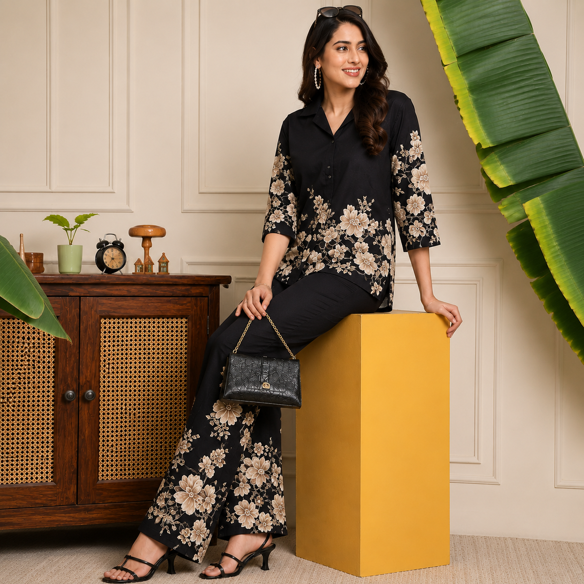 Floral Printed Cotton Collar Co-Ord Set for Women
