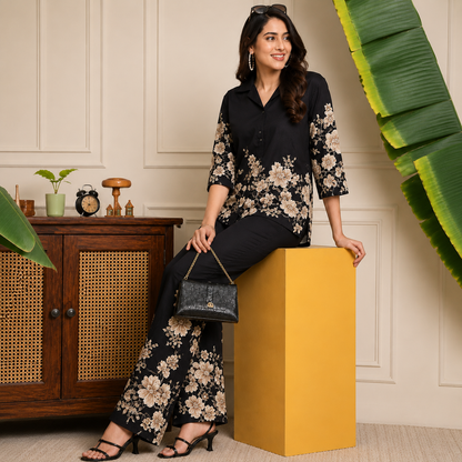 Floral Printed Cotton Collar Co-Ord Set for Women