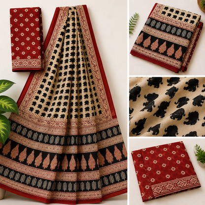 Hand Block Elephant Print Cotton Mul Saree – Red & Black