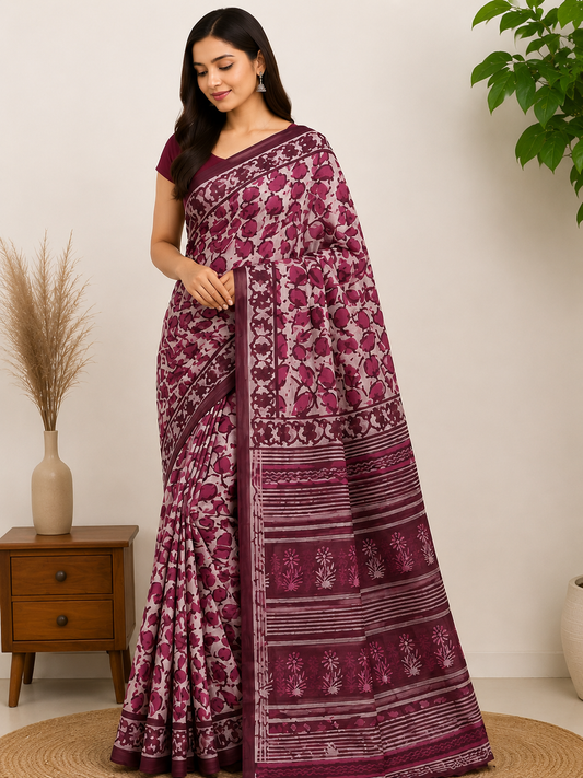 Hand Block Leaf Vine Print Cotton Mul Saree