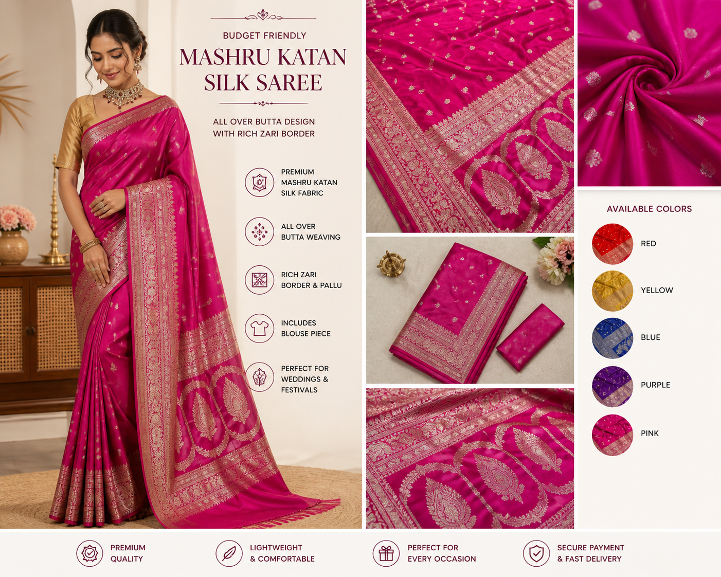 Premium Mashru Katan Silk Saree | Rich Zari Weaving Traditional Saree