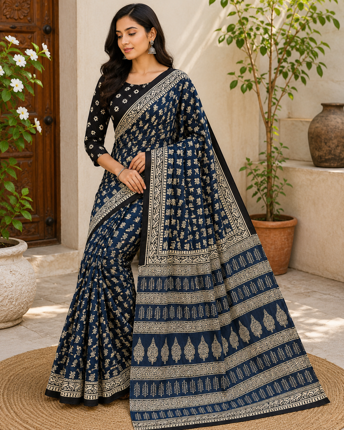 Hand Block Elephant Print Cotton Mul Saree – Red & Black