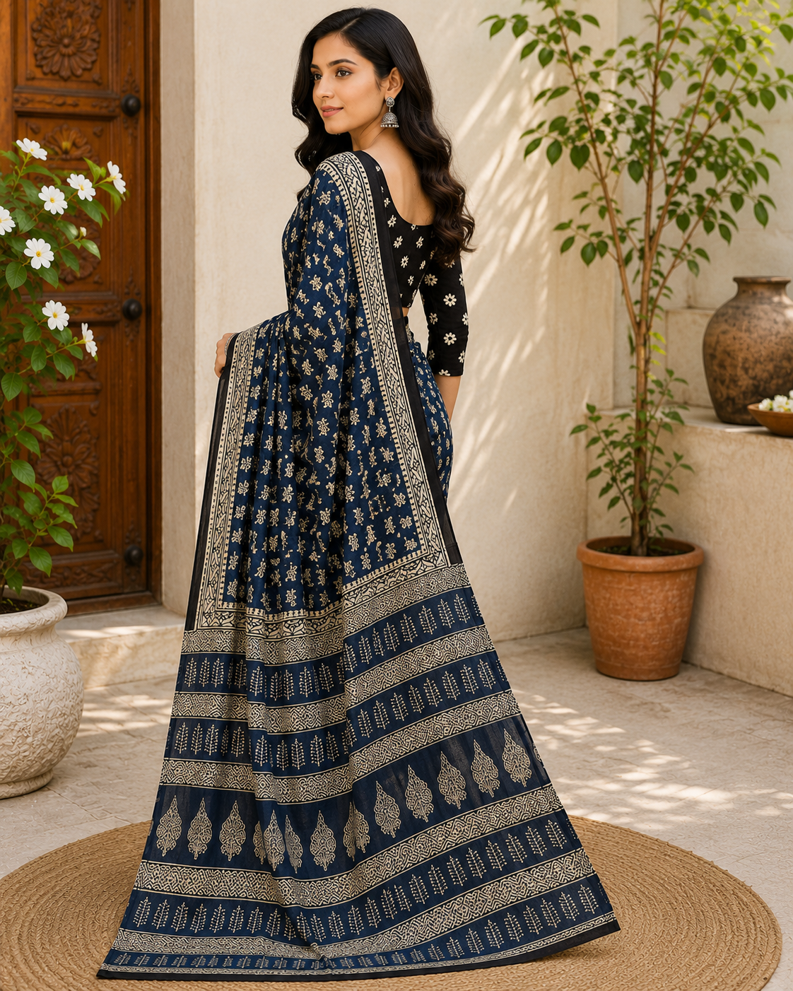 Hand Block Elephant Print Cotton Mul Saree – Red & Black