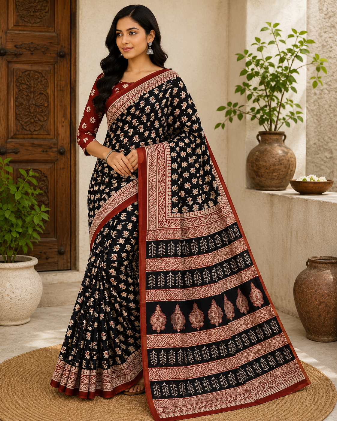 Hand Block Elephant Print Cotton Mul Saree – Red & Black