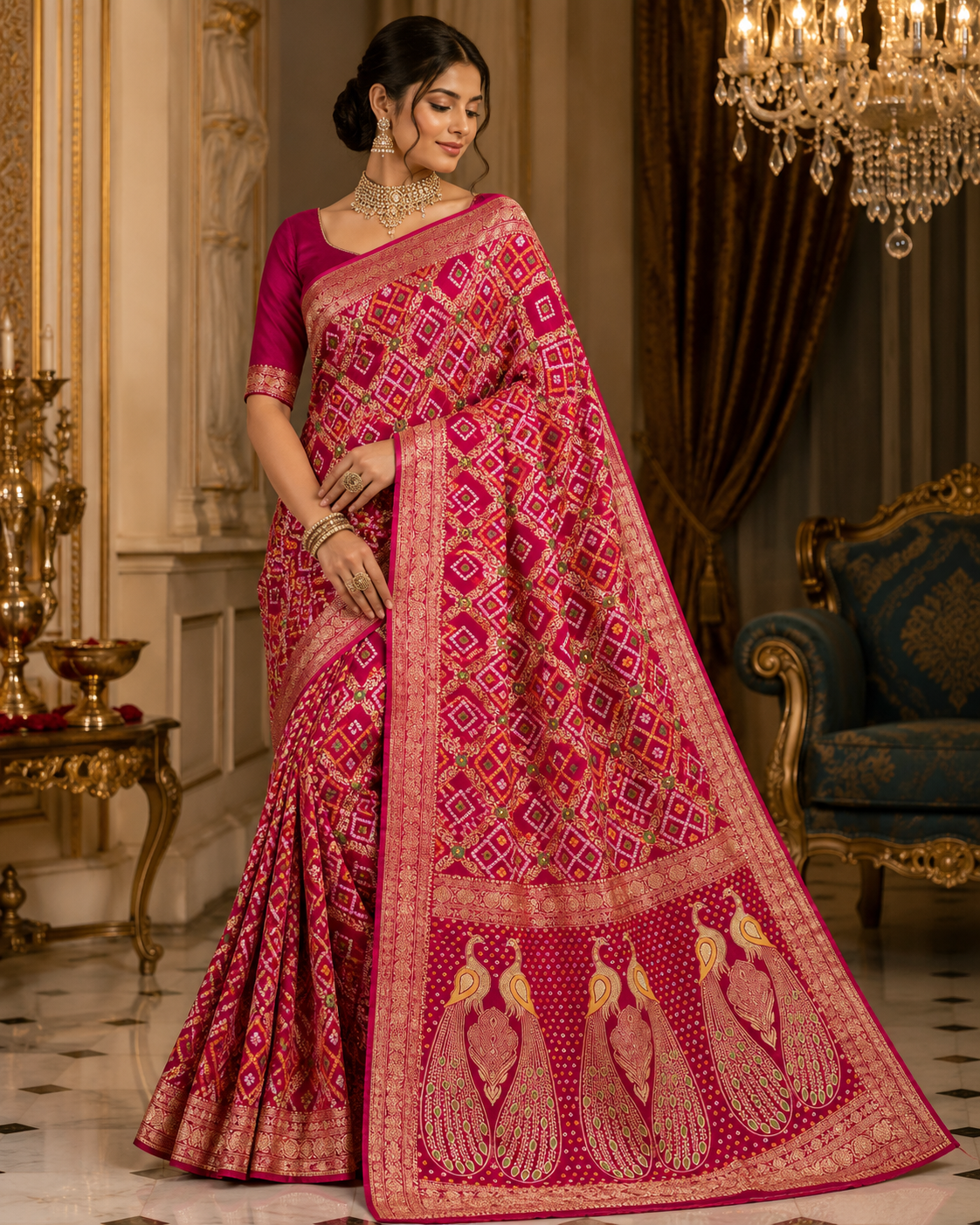 Pure Georgette Junglo Bandhani Saree With Peacock Pallu – Multi Color Designer Collection