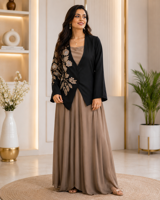 Luxury Black Floral Embroidered Banana Crape Jacket