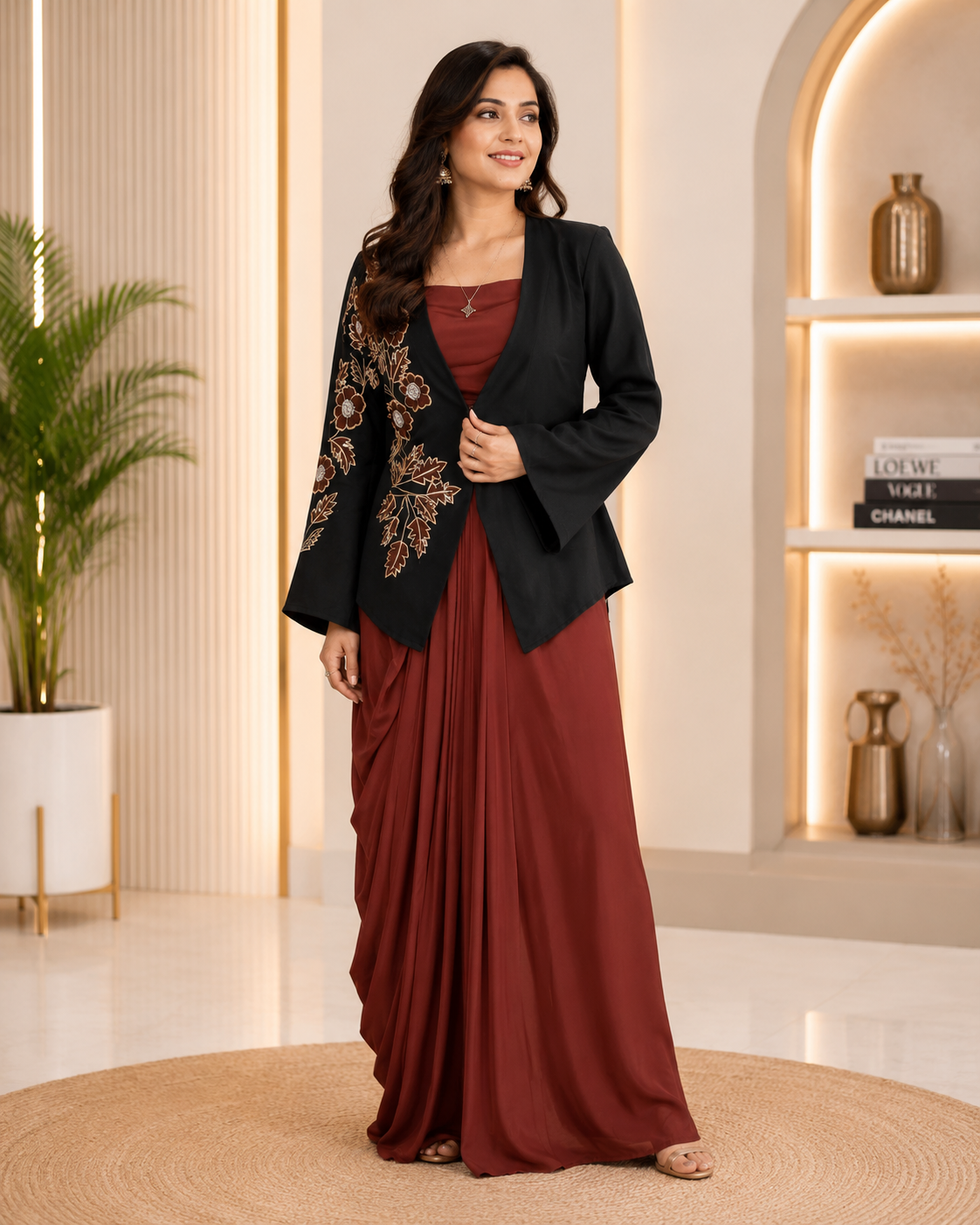 Luxury Black Floral Embroidered Banana Crape Jacket for Women