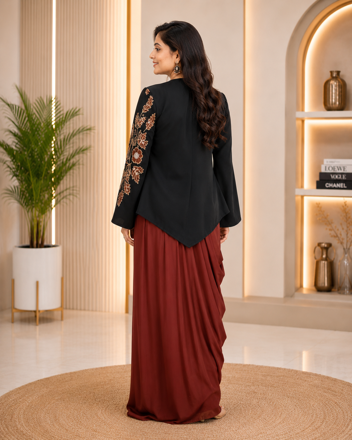 Luxury Black Floral Embroidered Banana Crape Jacket for Women