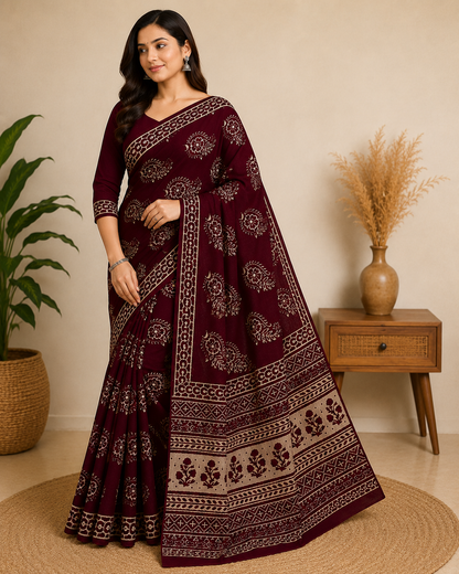 Premium Maroon Bagru Hand Block Printed Cotton Mul Saree