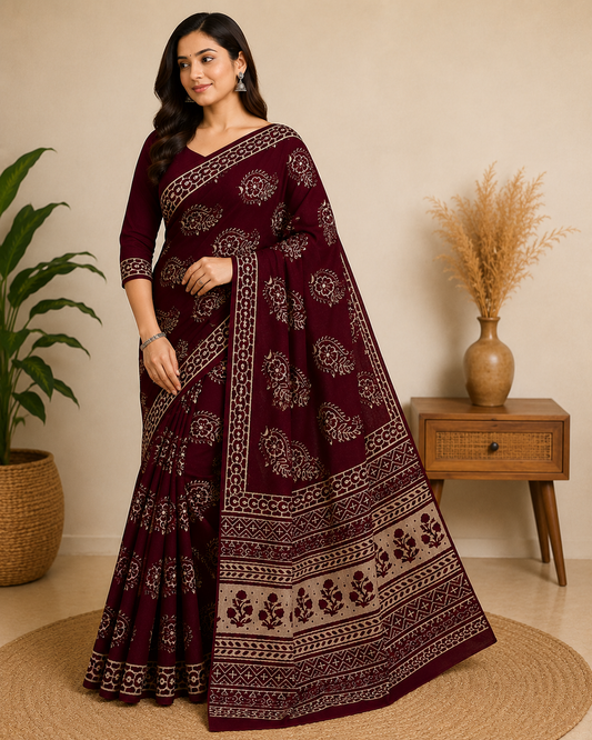 Premium Maroon Bagru Hand Block Printed Cotton Mul Saree