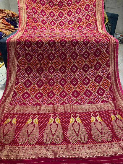 Pure Georgette Junglo Bandhani Saree With Peacock Pallu – Multi Color Designer Collection