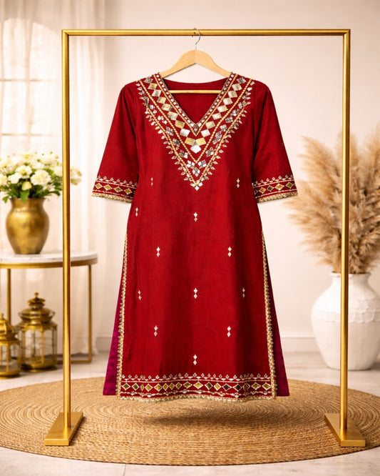 Designer Anarkali Kurta Set for Women (Red, Yellow, Brown)