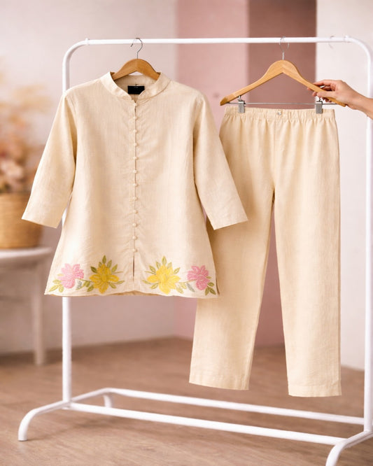 Elegant Cream Embroidered Kurta Pant Set for Women